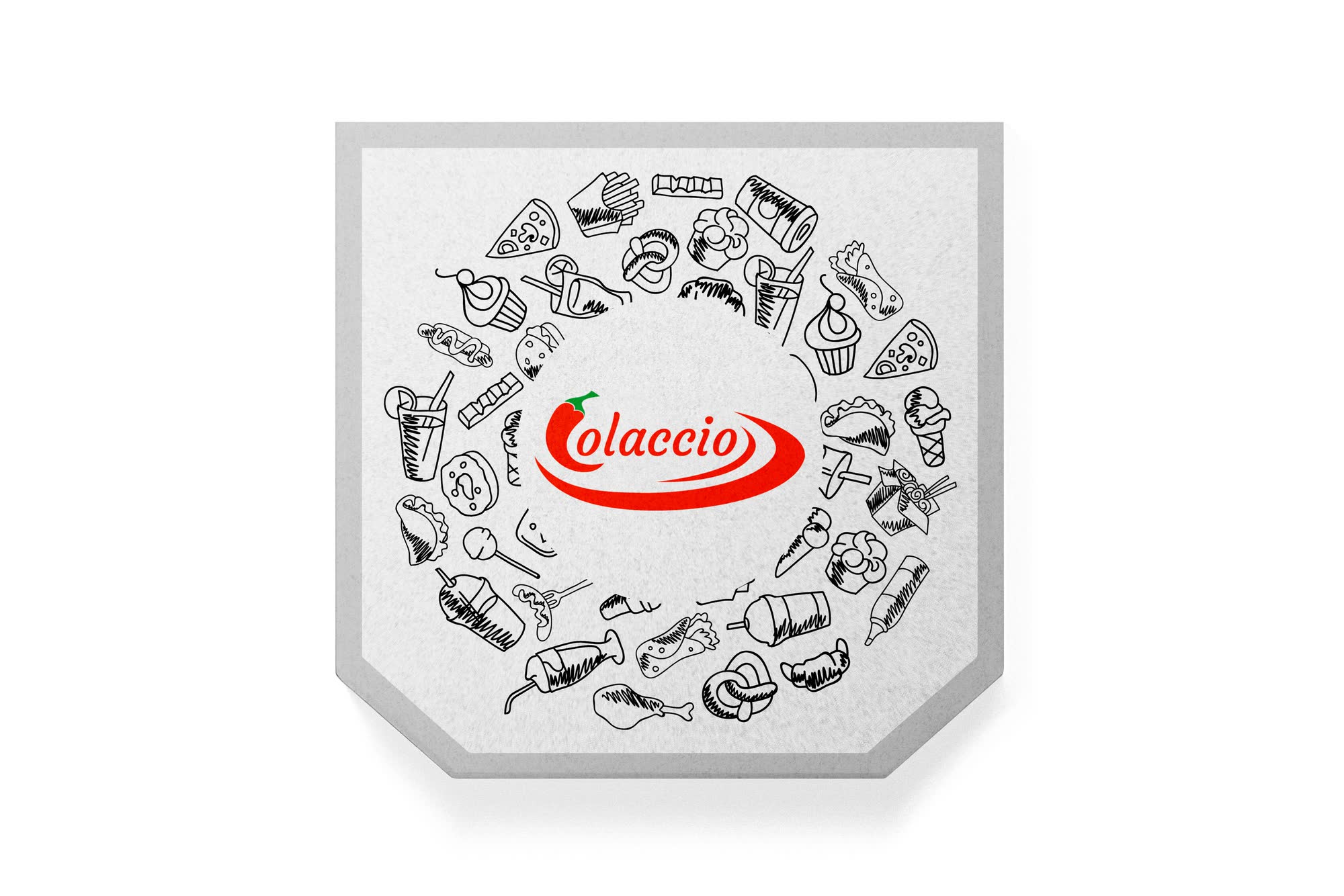 Colaccio logo printed on a pizza box with the illustrated food wreath.