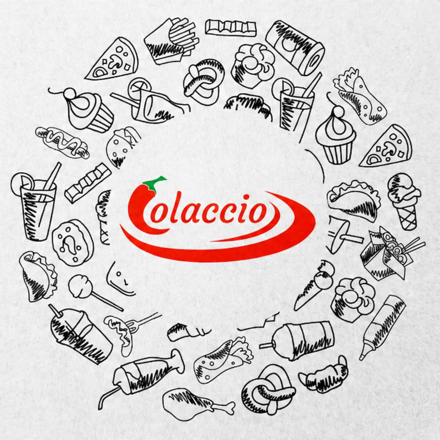 Colaccio logo with chili-pepper C, surrounded by a wreath of food doodles.
