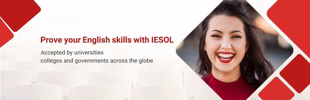 IESOL banner: Prove your English skills with IESOL, portrait in a rounded diamond.