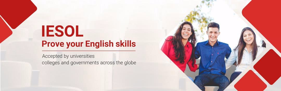 IESOL banner with diamond-framed student photo and red geometric corners.