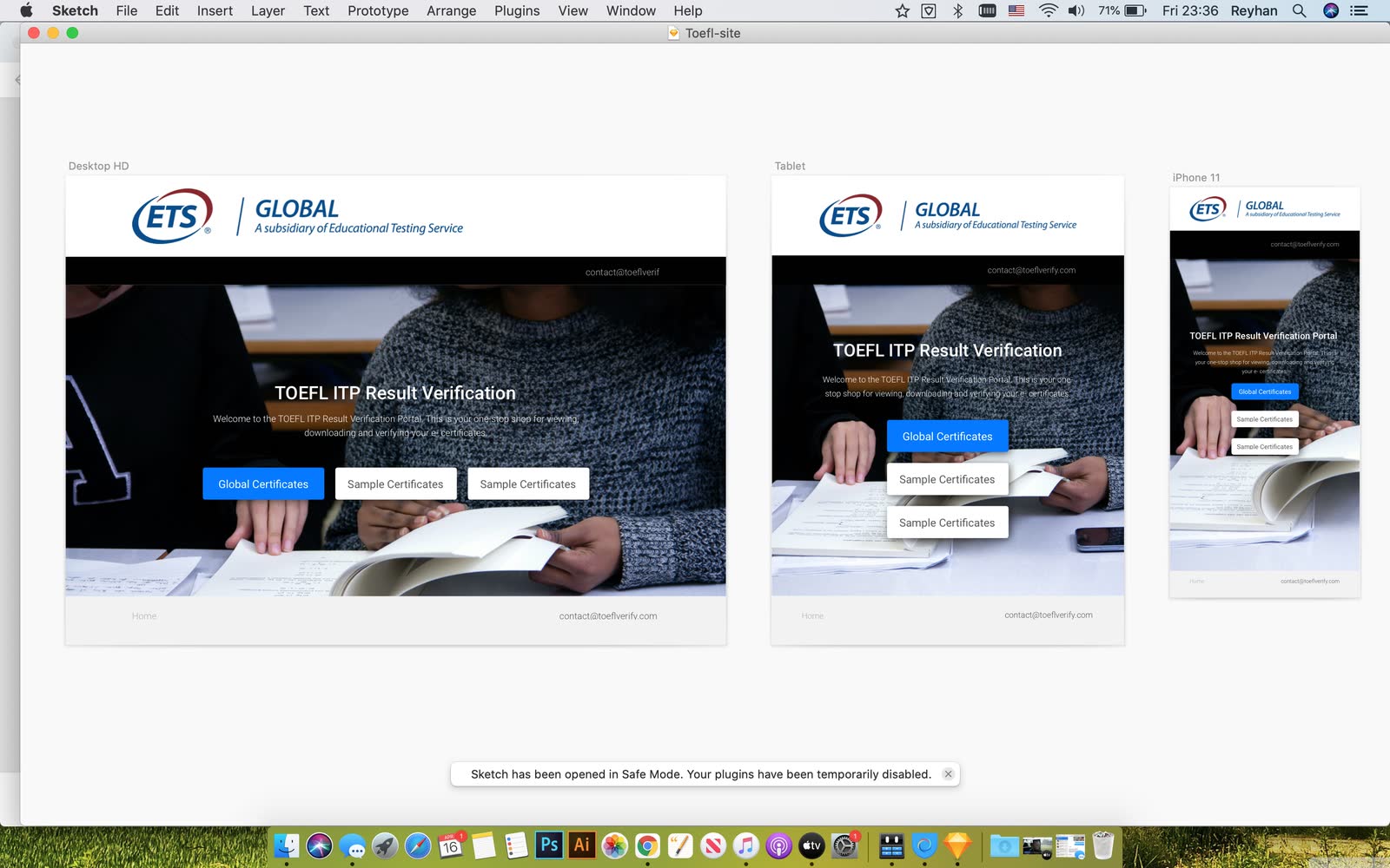 ETS Global TOEFL ITP Result Verification Portal in Sketch, desktop to mobile.