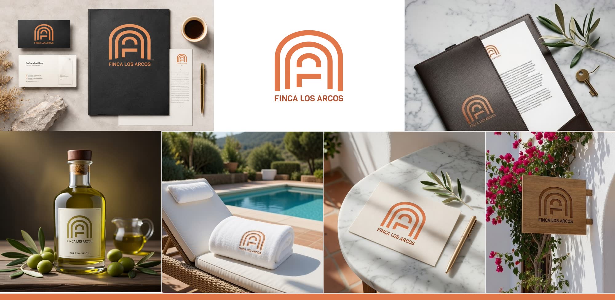 Finca Los Arcos logo lockup and applications on cards, leather, wood, and olive oil.