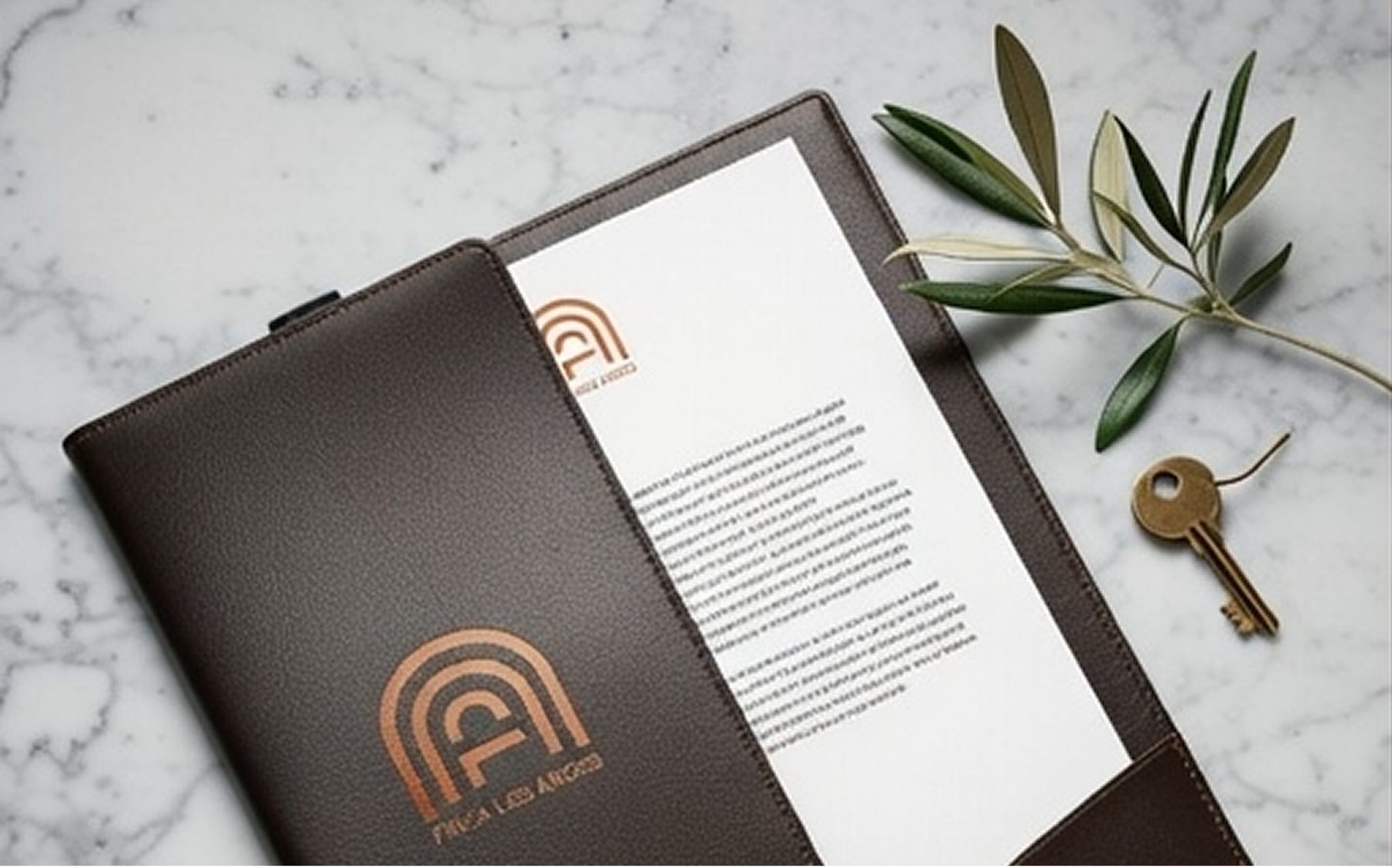 A dark brown leather folio with the Finca Los Arcos mark embossed in copper, open to cream letterhead, beside an olive sprig and a brass key on white marble.