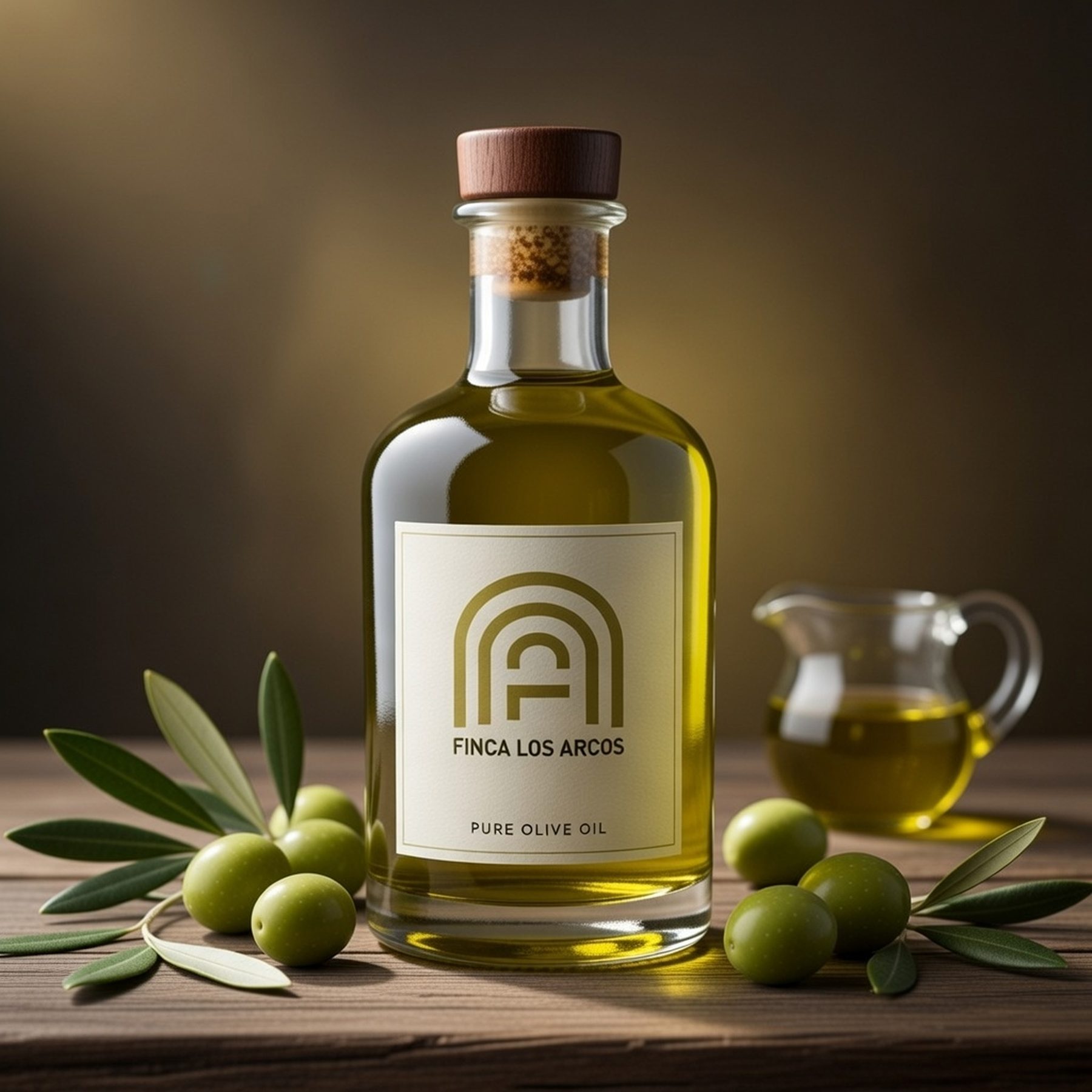 A clear glass bottle of golden olive oil with a wooden cork and cream Finca Los Arcos label reading Pure Olive Oil, surrounded by olives and olive sprigs on dark wood.