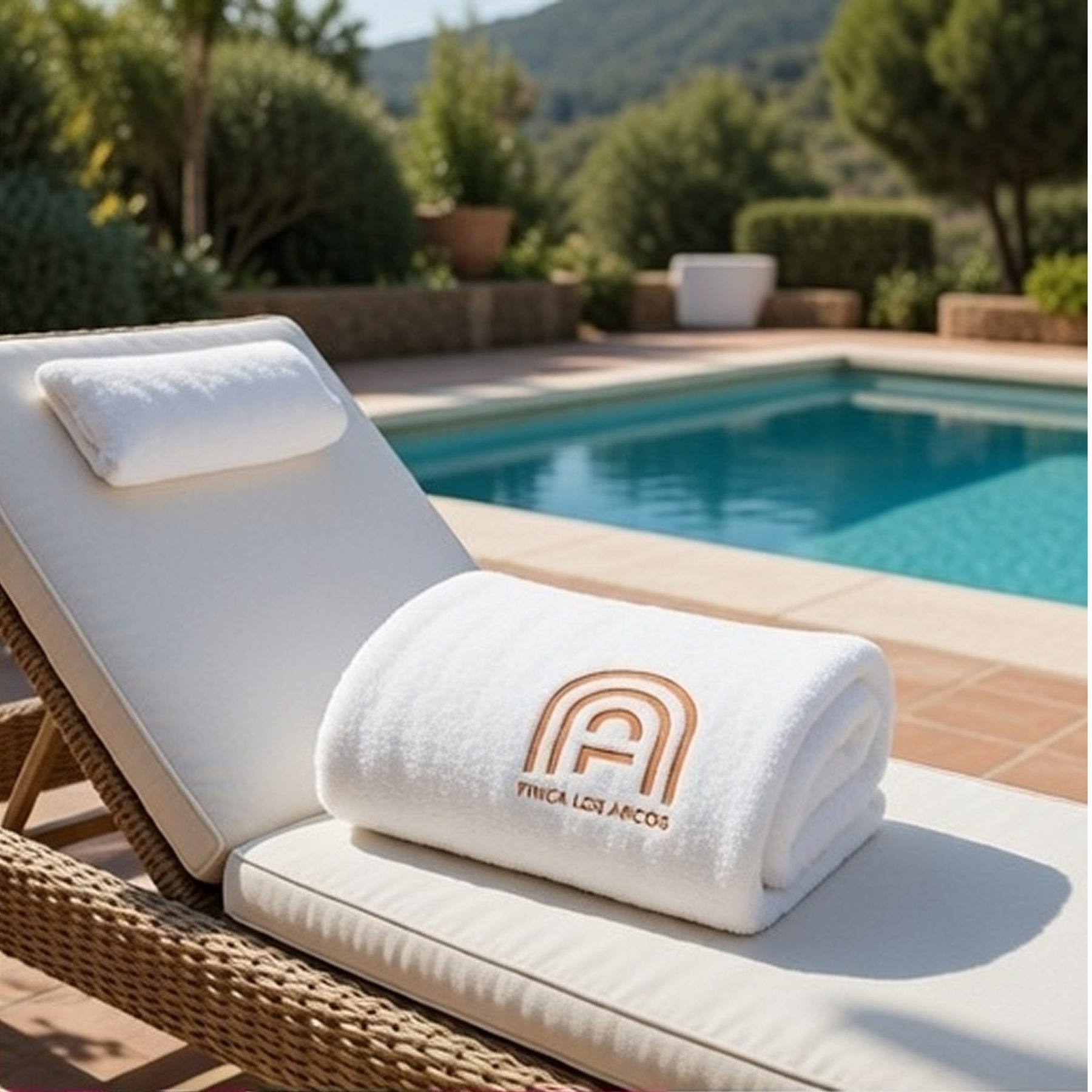 A rolled white towel embroidered with the terracotta Finca Los Arcos arched mark, resting on a wicker pool lounger overlooking a sunlit Mediterranean estate.