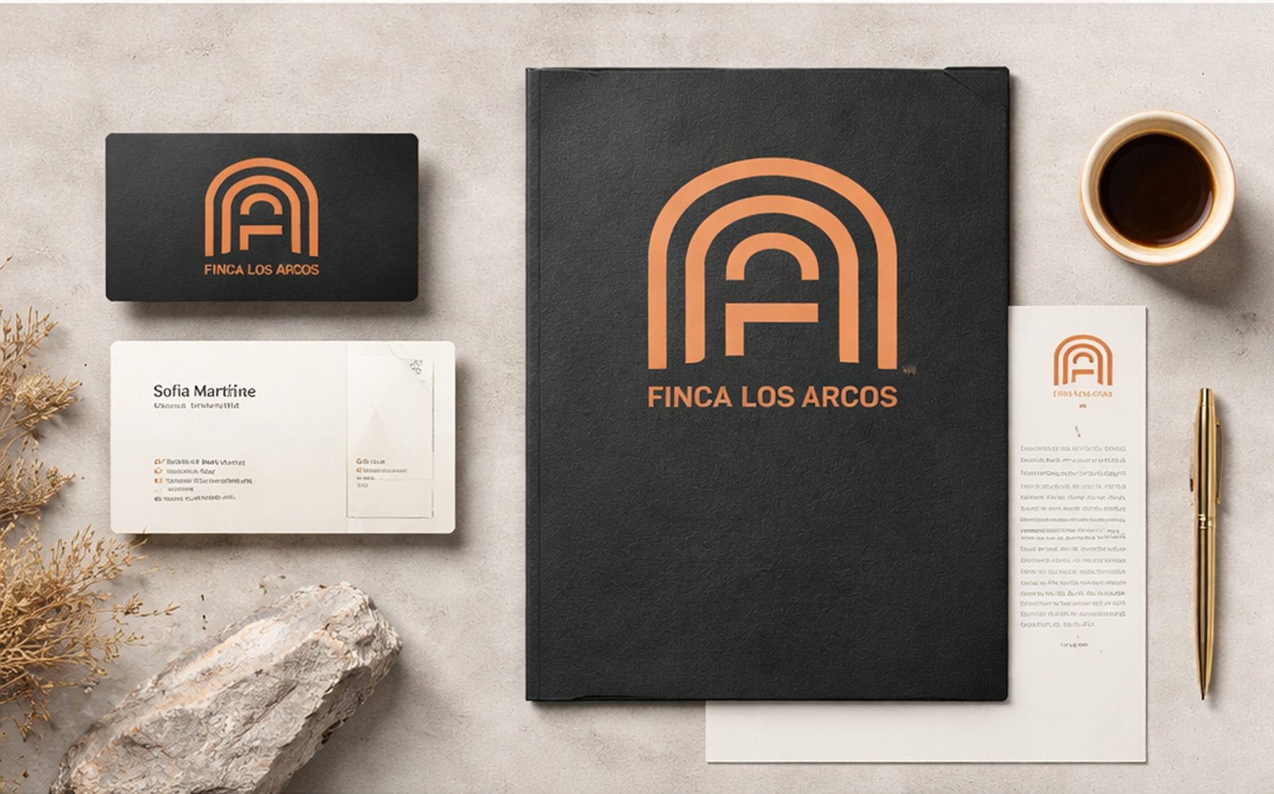 Black presentation folder, cream letterhead, and business cards for Sofia Martínez with the terracotta Finca Los Arcos arched mark, a gold pen, and a cup of coffee.