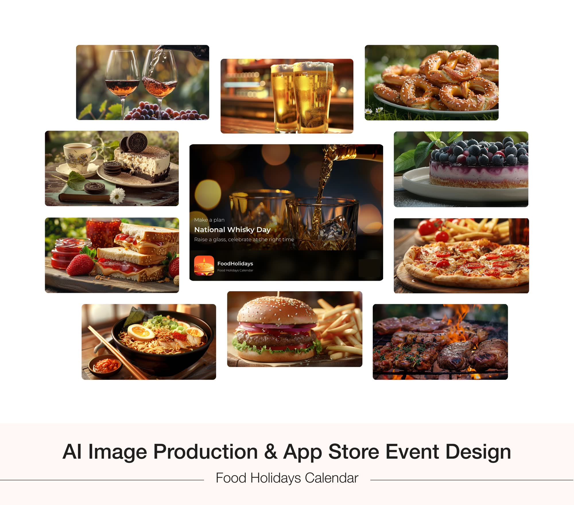 Food Holidays Calendar event: National Whisky Day surrounded by food and drink photographs.