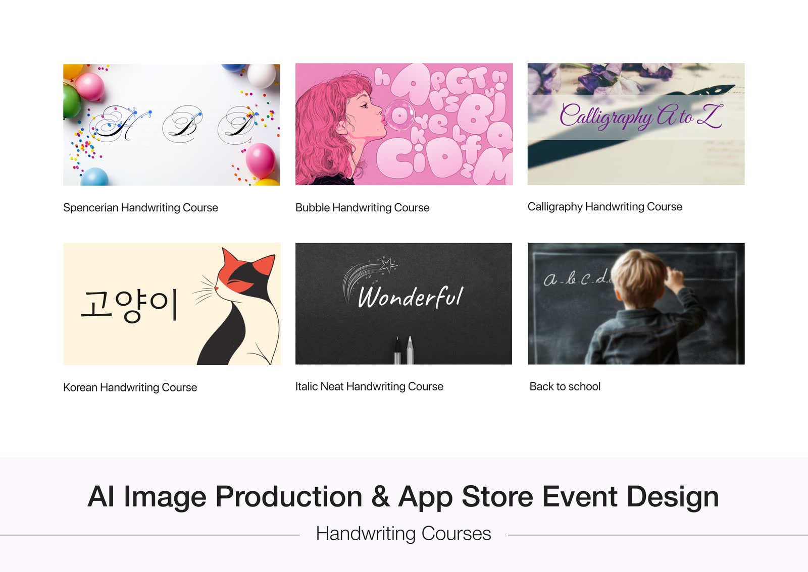 Writey App Store event thumbnails for six handwriting courses.